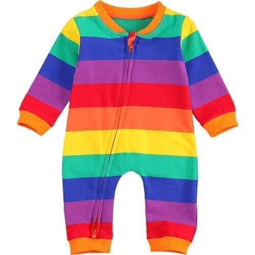 Newborn Colorful Rainbow Stripped Romper, Infant Baby Girls Boys Casual Style Long Sleeve Round Neck Zipper Closure Jumpsuit