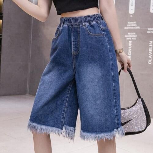Burrs Wide-Legged Elastic Waist Denim Plus Size 5Xl Large Fashion Basic High Waist Summer WomenS Casual Clothing Shorts 2021