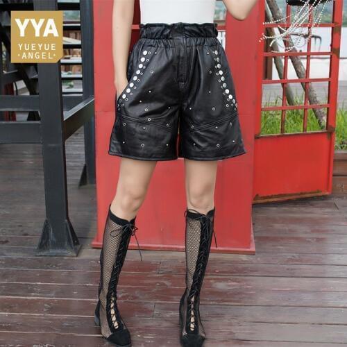 2020 New Spring Autumn Womens Sheepskin Shorts Luxury Genuine Leather Rivet Shorts Female Loose Fit High Waist Wide Leg Shorts