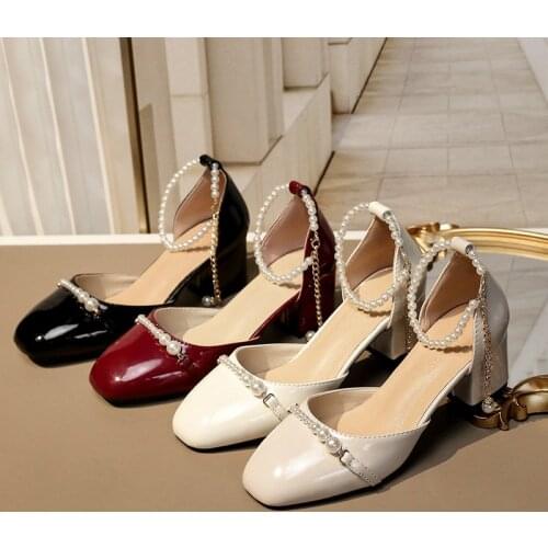One Word Buckle Mary Jane Square Heel Sweet Ladies Single Shoes Spring And Autumn Trend Hot Selling Pearl Elegant High Heels