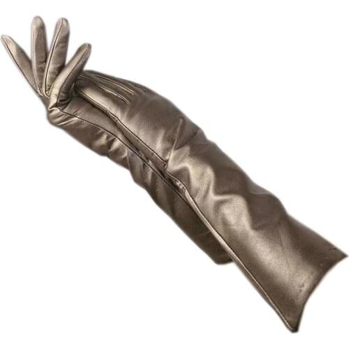 Gloves winter ladies arm sleeves fashion sheepskin gold gloves medium length 36cm new warm womens leather wool lining 2021-0009