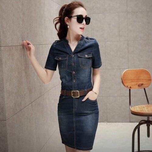 Harajuku Dress Denim V Neck Shorts Sleeve 2021 Summer Slim Large size Sexy Denim Dress Casual Plus Size Pockets Women Dress 165A