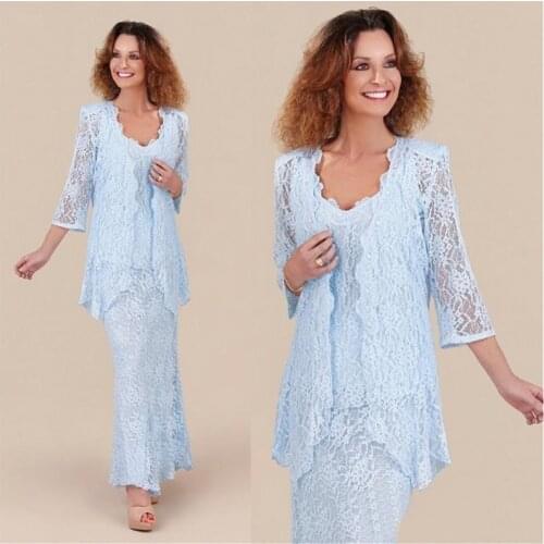 New Arrival 2021 Baby Blue Two Pieces Mother of the Bride Dresses Ankle Length V Neckline Wedding Party Gowns Affordable