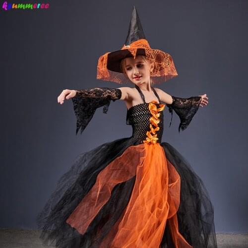 Witchy Halloween Girls Tutu Dress with Hat Medieval Fantasy Black Gothic Gown Dresses for Villain Party Purim Carnival Costume