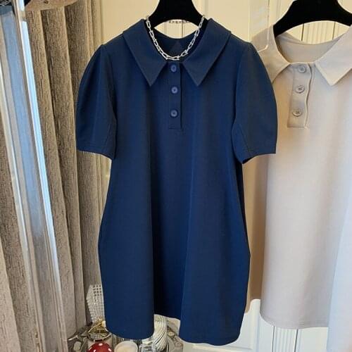 SURUFENG Women Casual Loose Solid T Shirt Dress Turn-Down Collar Knee-Length Puff Short Sleeve Basic Dresses Vestidos 3XL