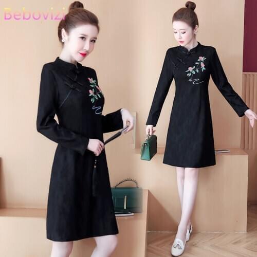 Plus Size M-4XL 2021 Retro New Black Embroidery Qipao for Women Chinese Cheongsam A-line Dress Party Casual Clothing New Year