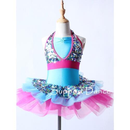 Girls Sequin Colorful Ballet Tutu Dress Women Blue Halter Performance Costume C318