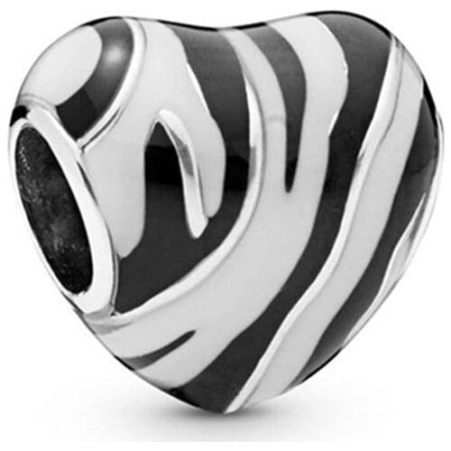 1Pcs New Zebra Pattern Heart Pendant DIY Beads Suitable for Original Pandora Charm Bracelet Ladies Jewelry Making Gifts