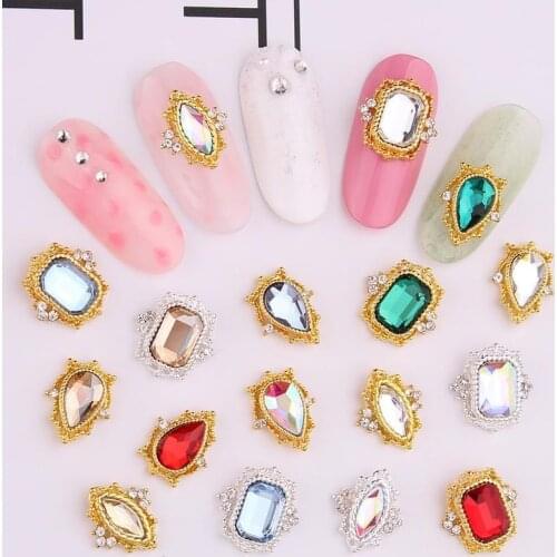10PC Tiny Golden Metal Nail Charm Stud Rhombus & Heart Frame for Uv Gel DIY Stuff 14/11MM Crystal Strass Nail Decoration HJ-S72