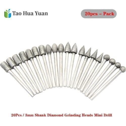 20pcs 3mm Shank Diamond Grinding Heads Mini Drill Burrs Bit Set for Rotary Tool Grinder Mayitr Glass Carving Mold Grinding Tools