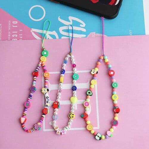 2021 Colorful Smiling Beads Chain Mobile Phone Chain Anti-lost Handmade Acrylic Cord Lanyard For Women Girls Phone Accessories