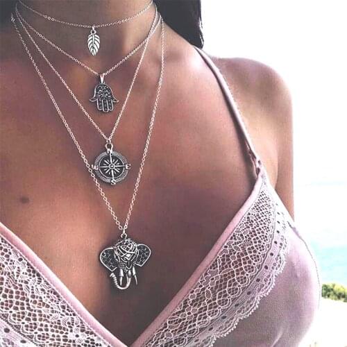 4 Pcs/Set Punk Elephant Leaves Palm Compass Multilayer Chain Pendant Necklace Set Women Personality Silver Color Necklace Set
