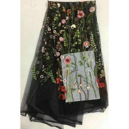 5yards BB816 black mesh good quality nice colorful floral wild flower embroidery net mesh lace fabric for evening dress/wedding