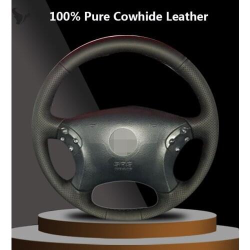 Black Genuine Leather Car Steering Wheel Cover for Mercedes Benz W203 C-Class 2001 2002 2003 2004 2005 2006 2007