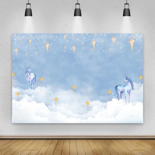 Photography Backdrop Blue Sky Photocall White Cloud Unicorns Beside Newborn Background Live Video Backdrops Golden Stars