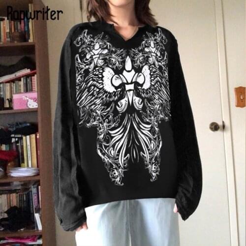 Rapwriter Graphic Pattern Black Tshirt Autumn Dark Academia Gothic Pullover Women Oversized Top Grunge Fairy Graphic Tee Vintage