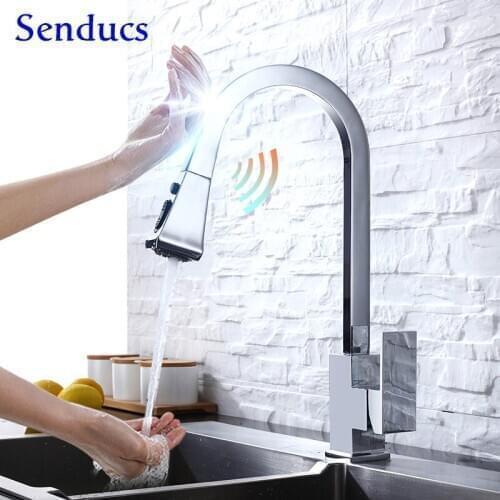 Chrome Touch Kitchen Faucets Senducs Square Pull Out Kitchen Sink Faucets Brass Kitchen Mixer Tap Smart Touch Sensor Faucets