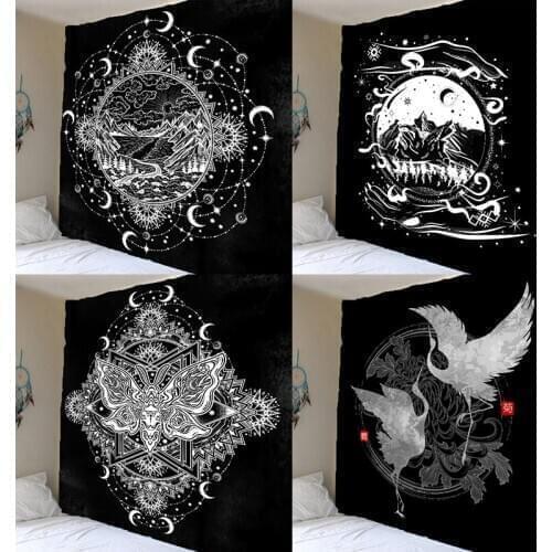 Art Tapestry Black And White Wall Hanging Flying Crane Tapestries Sun Moon Modern Art Wall Background Wall Decoration Home Decor