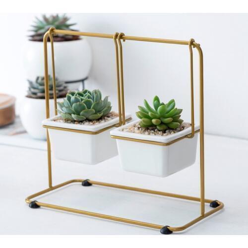 Ceramic Flower Pot with Metal Shelf White Porcelain Planter Pot Swing Design Desktop Flowerpot Fairy Garden Decor