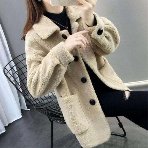 Autumn Winter Faux Lamb Wool Coat Women Fashion Mid-Length Single-Breasted Fur Jacket Granule Velvet Loose Female Clothes H1564