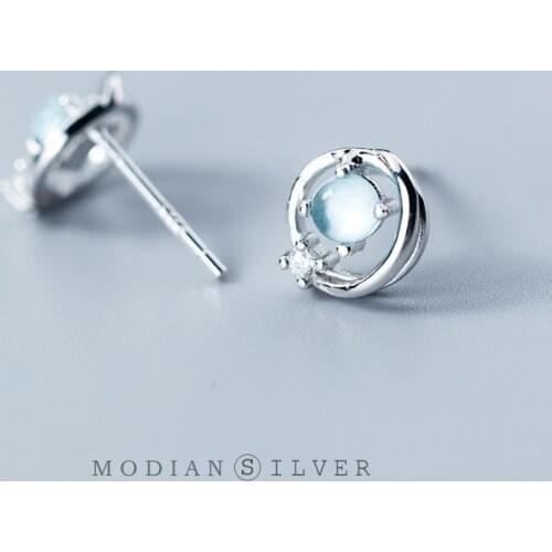 Modian 100% 925 Sterling silver Dazzling Blue Round Tiny Opal Fashion Stud Earrings Silver For Women & Girl Fine Jewelry