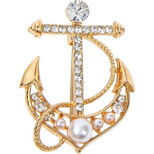 MOGAKU Gold Color Badges Anchor Brooch Women Navy Style Pearl and Crystal Lapel Pins Fashion Party Wedding Mens Brooches Jewelry