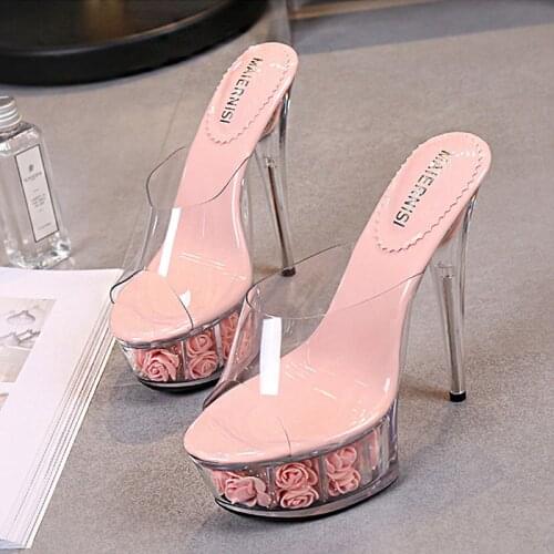 2021 Summer European and American New Fashion Flower Fish Mouth Sandals Ladies Sexy Thick-soled Transparent Stilettos