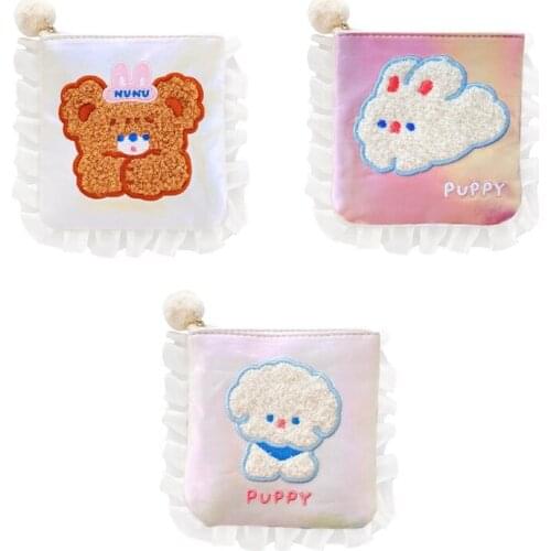 D0LF New Kawaii Lace Sanitary Napkin Pad Bag Women Cartoon Bear Dog Rabbit Holographic Coin Purse Card Holder Pouch Cosmetic