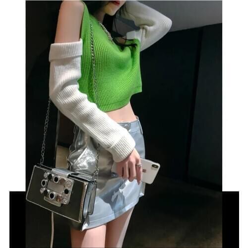 Autumn off-shoulder contrast color new short womens knit sweater Slim long-sleeved top Korean hedging net red womens sweater