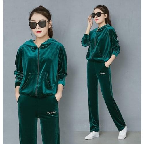 New Autumn Winter Fashion Elegant velvet Tracksuit Pant Suits Casual 2 Piece Set Women Zipper hoodied And Green Pants Suits