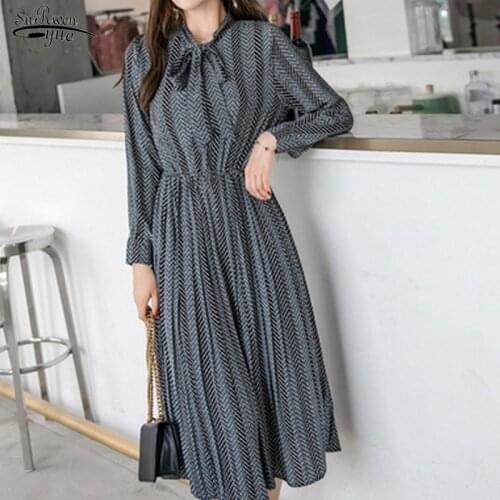 Autumn Dress Chiffon Dress Women Pleated 2021 Printed Slim Long Sleeve Dress Korean Style High Waist Elegant Long Dress 1476