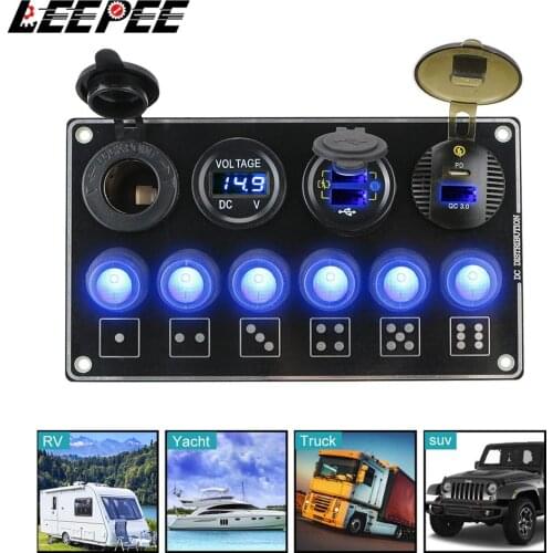 LEEPEE 6 Gang Car Switch Panel 12/24V LED Voltage Display QC3.0 Quick Charge Waterproof PD USB for RV Car Marine Accessories