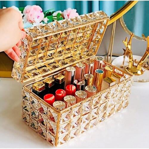 Luxury Makeup Lipstick Organizer Crystal Box Home Desktop Cosmetics Lip Gloss Container Storage Tray with Cover