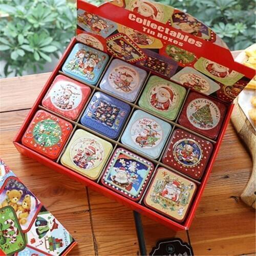 12PCS Christmas Small Square Box Tin Packaging Party Children Gift Boxes Tinplate Candy Baking Biscuit Storage Box