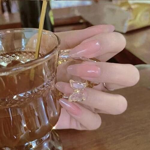 Jelly pink pure color with butterfly 3d decorated fake nails japanese cute lady full nail tips middle-long bride false nails