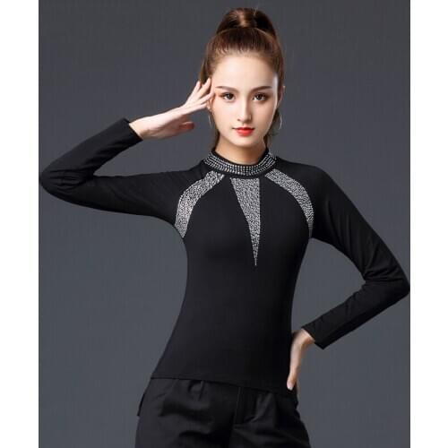 Sparkling Crystal Latin Dance Tops Ballroom Black Tops Dance Clothes Women Performance Competition Dance Outfit Autumn Winter