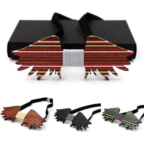 Ricnais Unique Design Solid Stripd Angel Wings Bow Tie Men Necktie For Business Wedding Party Gift Skinny Cravats Wood Bowtie