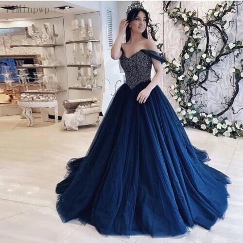 YiMinpwp Dark Navy Evening Dresses Off Shoulder Lace up Back Sweep Train Beads Long Formal Prom Party Gowns for Sweet 16