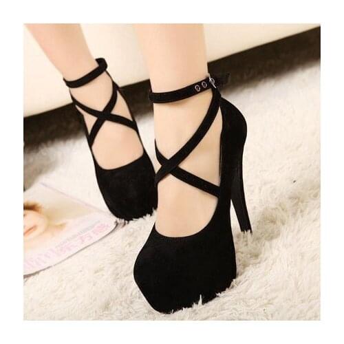 New Womens Round Head Suede European and Beautiful Fashion Single Shoes Buckle High Heels Super High Heels Large Size 43