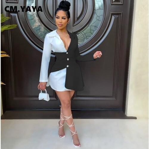 CM.YAYA Women Mini Dress Patchwork Turn-down Collar Single Breasted A-line Dresses Office Lady Fashion Vestidos Summer Outfits