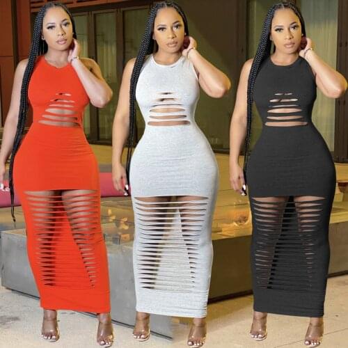 SKMY Club Outfits For Women Dresses Summer 2021 New Solid Color Hollow Out Sleeveless Bodycon Long Dress Party