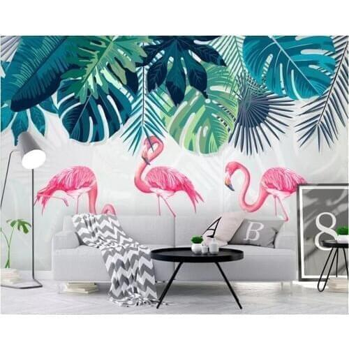 Beibehang brick wallpaper 3d Nordic fresh and simple rainforest banana leaf flamingo garden background wall 3d mural wallpaper