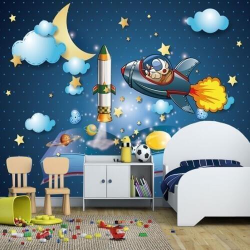 3d Papel parede Outer Space Universe Airship 3d Cartoon Wallpaper Mural for Child Room Wall Sticker 3d Photo Mural Wall paper