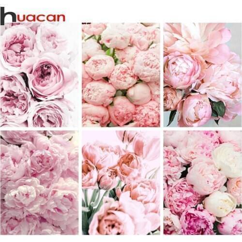 Huacan Diamond Painting Flower Full Square Drill Diamond Mosaic Pink Peony Cross Stitch Rhinestones Picture Room Decor