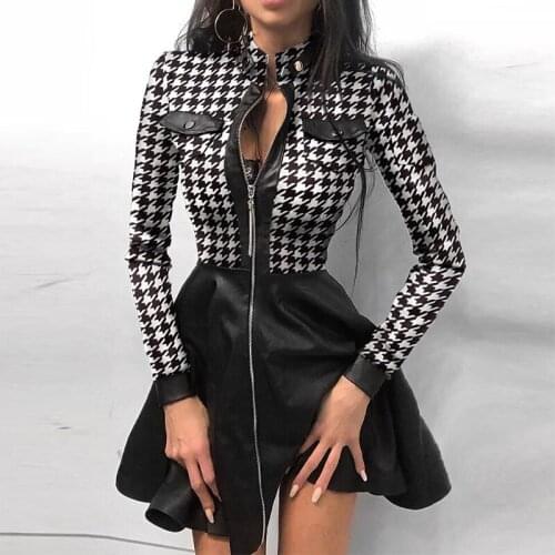 Elegant Stand Neck Zipper Metal Button Mini Dress Women Vintage Print Pu Leather Dress New Casual Autumn Long Sleeve Party Dress