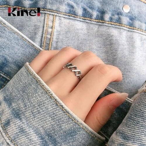 Kinel 925 Sterling Silver Cross Hollow Open Adjustable Finger Rings for Women Vintage Stylish Zircon Silver Ring Jewelry New