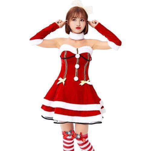 Cute Girl Christmas Red New Year Outfit Santa Claus Costume Ladies Tube Top Mini Dress