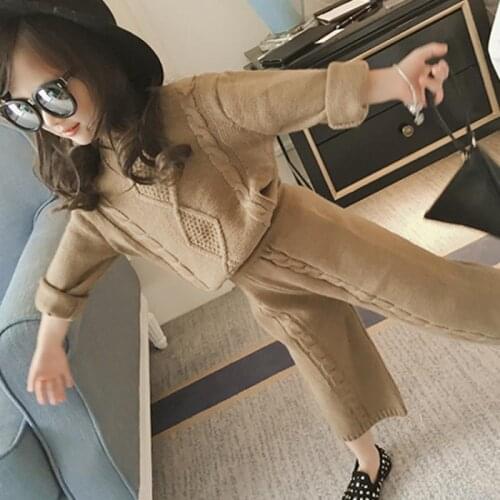 2-9 Years Old Baby Girl Clothes Warm Outfit Set Childrens Suit Two-piece Sweater+Pants Warm Solid Color Pattern