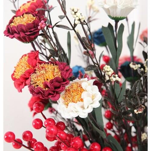 3 heads Autumn Ball Chrysanthemum with Red Berry Flower Branch Diy Home Wedding Party Decoration Fake Flower Plants
