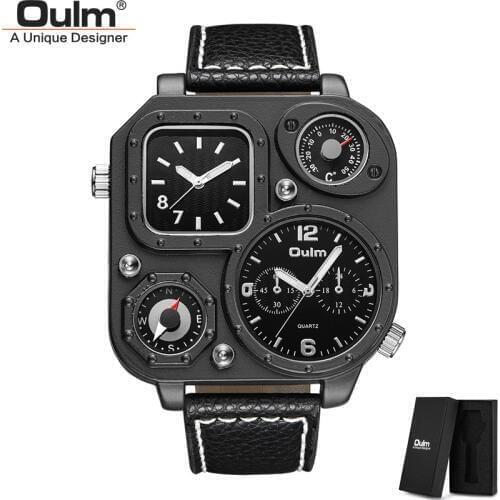 Oulm Black Classic Sport Watch Two Time Zone Male Quartz Wristwatch Decorative Compass Casual Mens Watches